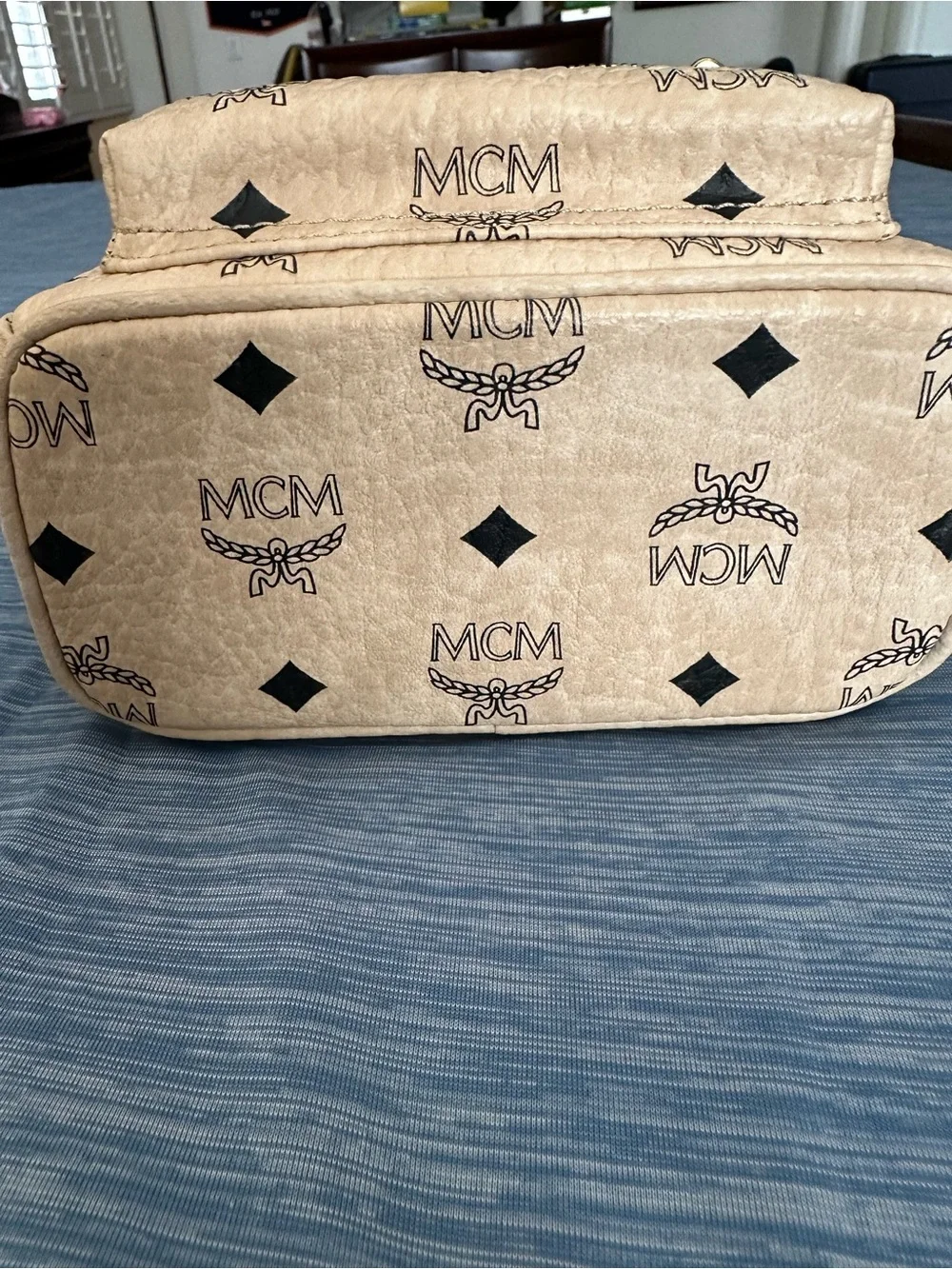 MCM Beige Visetos Mini Backpack with Gold Stud Accents
